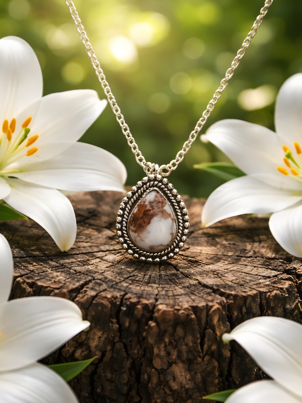 Elegant Silver and Brown Wild Horse Stone  Pendant Necklace